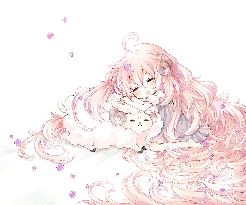 anime girl, chibi, cute, sleeping, horns, pink hair, Anime, HD wallpaper