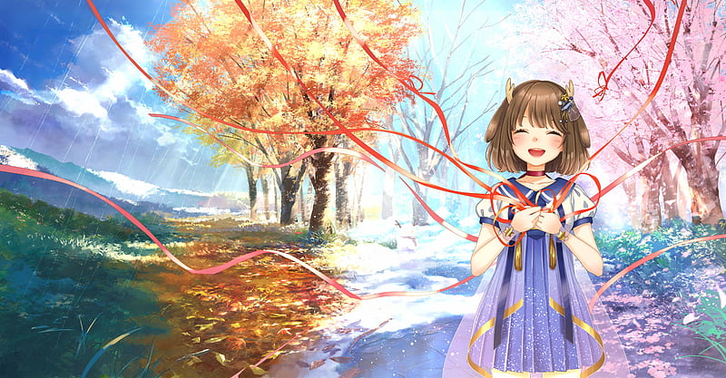 anime landscape, four seasons, cute anime girl, autumn, winter, spring, summer, Anime, HD wallpaper