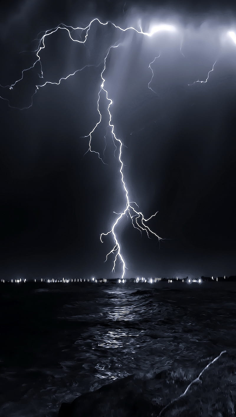 Bolt, lightning, ocean, sea, sky, water, HD phone wallpaper
