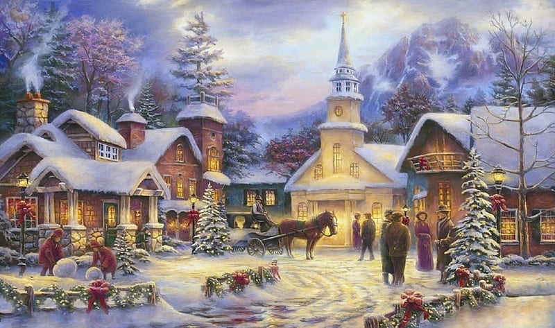 ★Christmas of Faith★, villages, pretty, Christmas, christmas tree, holidays, attractions in dreams, bonito, xmas and new year, greetings, paintings, people, churches, lovely, houses, white trees, colors, love four seasons, winter, snow, winter holidays, HD wallpaper