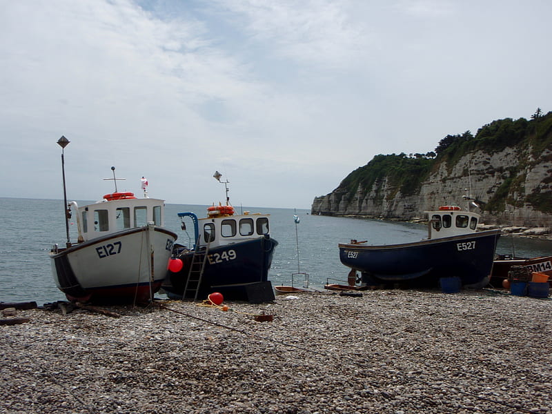 Fishing Boats at Beer, beach, devon, cliffs, pebbles, fishing, HD wallpaper