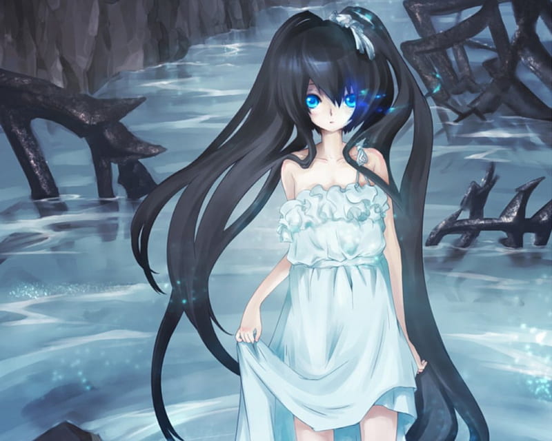 Black★Rock Shooter, pretty, dress, divine, bonito, sublime, elegant, sweet, gown sundress, flame, anime, black rock shooter, hot, beauty, anime girl, long hair, gorgeous, black hair, blue flame, female, lovely, black, twintails, sexy, twin tails, cute, water, girl, dark, white, HD wallpaper