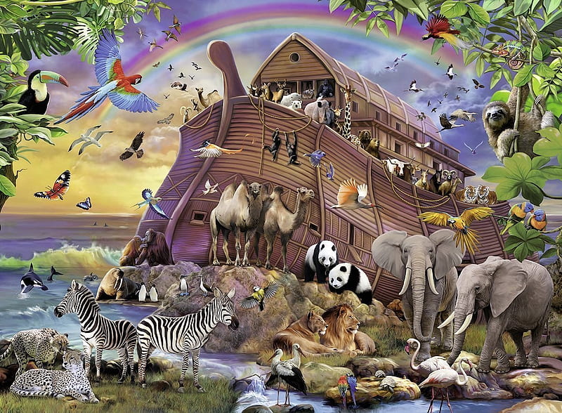 Noah's Ark Landing, noahs, rainbow, puzzle, animals, HD wallpaper