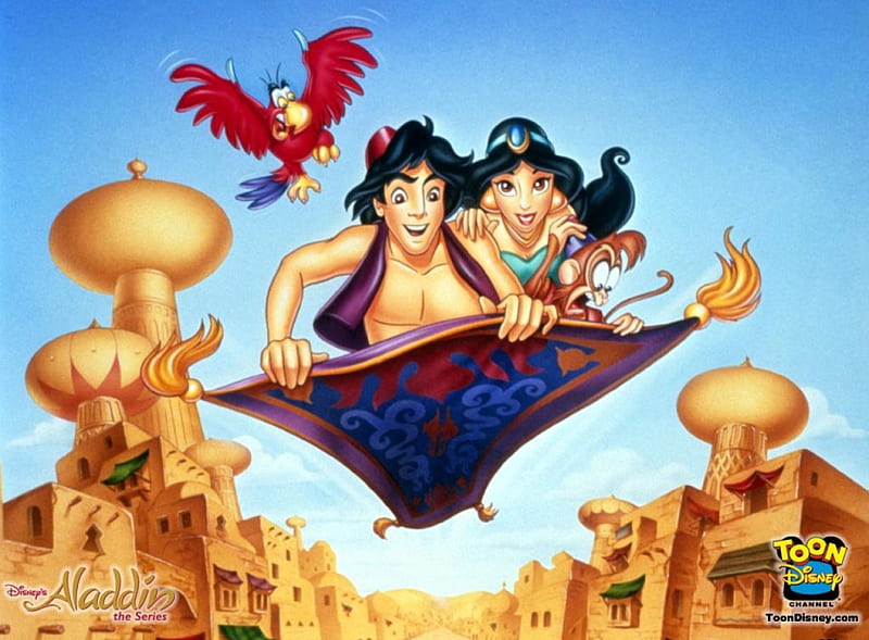 Aladdin, flying carpet, aladin, parrot, buildings, HD wallpaper