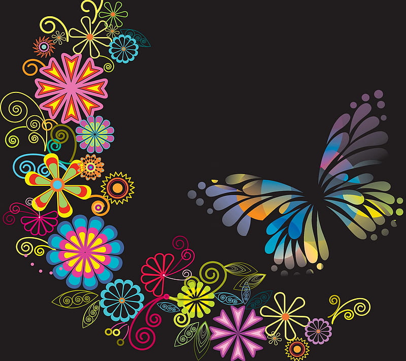 Flowers, abstract, art, butterfly, colorful, floral, HD wallpaper