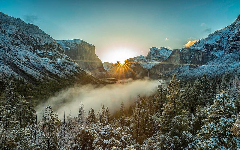 Yosemite Valley, sunset, winter, forest, mountains, Yosemite National Park, Sierra Nevada, USA, America, HD wallpaper