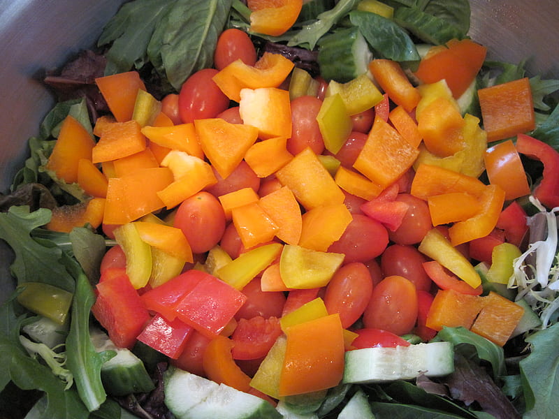 Salad, tomato, green, orange, HD wallpaper