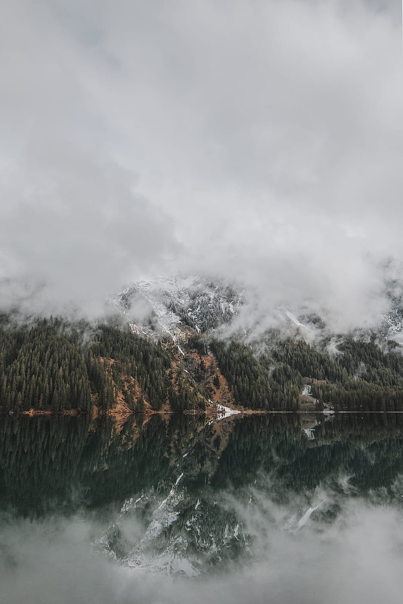 mountains, lake, fog, clouds, forest, landscape, HD phone wallpaper