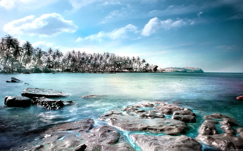 ✰Parallel of Paradise✰, rocks, seas, stunning, splendid, bonito, seasons, clouds, graphy, waterscapes, stone, landscapes, bright, infrared, scenery, magnificent, Thailand, colors, places, creative pre-made, customization, sky, trees, parallel, cool, paradise, beaches, Koh Kood, plants, summer, HD wallpaper