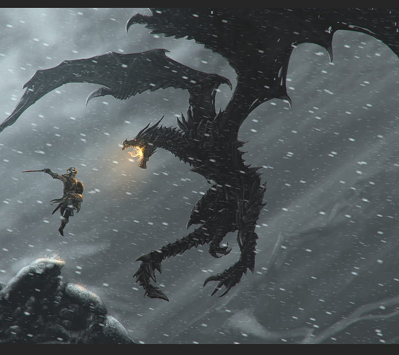 Skyrim Dragon Fight, 360, alduin, games, ps3, rpg, throat of the world, HD wallpaper