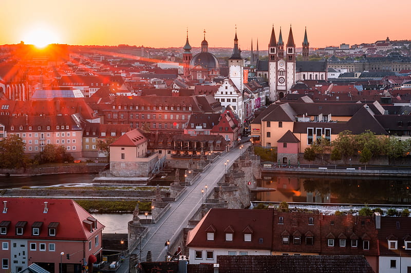 Cities, City, Bridge, Building, Cathedral, Germany, Road, Sunset, Wurzburg, HD wallpaper