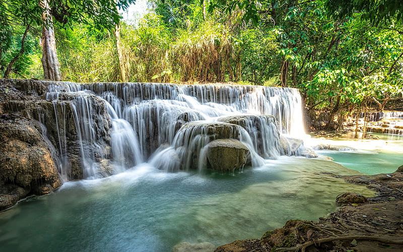 jungle, tropics, waterfall, rainforest, river, Thailand, HD wallpaper