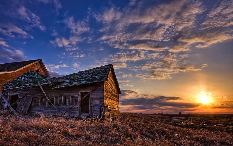 Abandoned On The Prairie, graphy, sunsets, buildings, fields, abstract, HD wallpaper