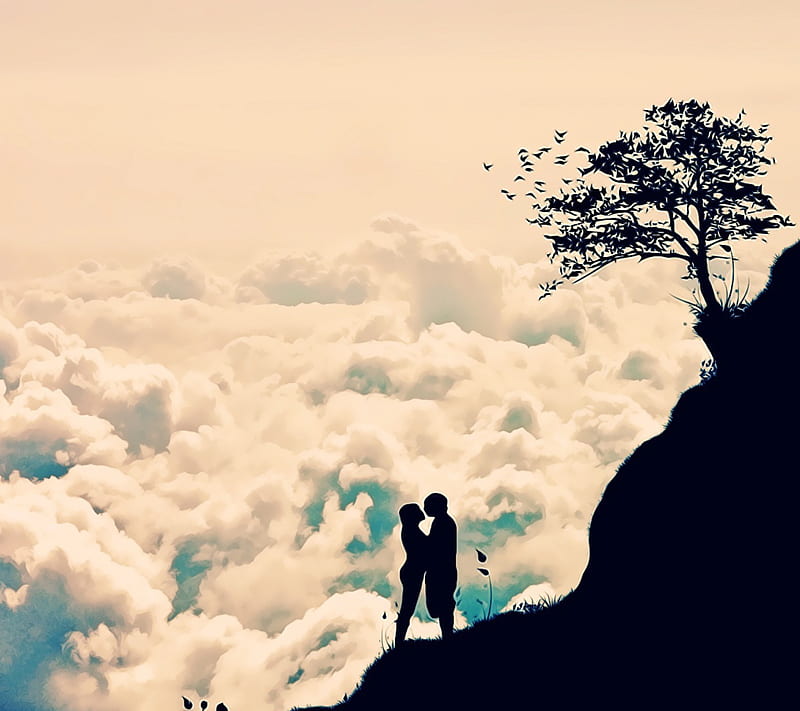 Love, clouds, cool, couple, love couple, lovers, nature, sky, HD wallpaper
