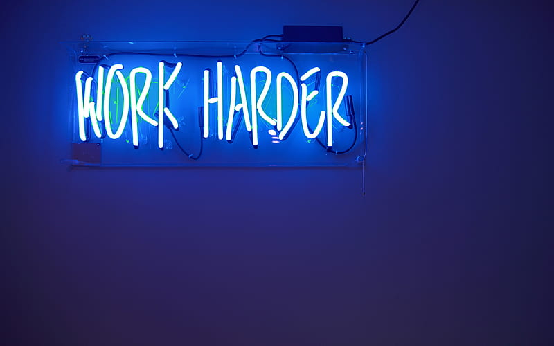work harder motivational quote, neon inscription, sign, blue neon light, inspiration, HD wallpaper