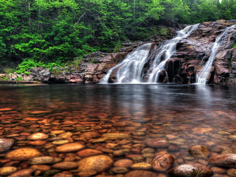 Mary Ann Falls in Cape Breton Highland National Park, Canada, Forest, Brown, Cascading, Lovely, bonito, Pool, Nature, Foam, Clear Water, Water, Mountains, Trees, Ripples, Green, Waterfall, Rocks, Crisp, HD wallpaper