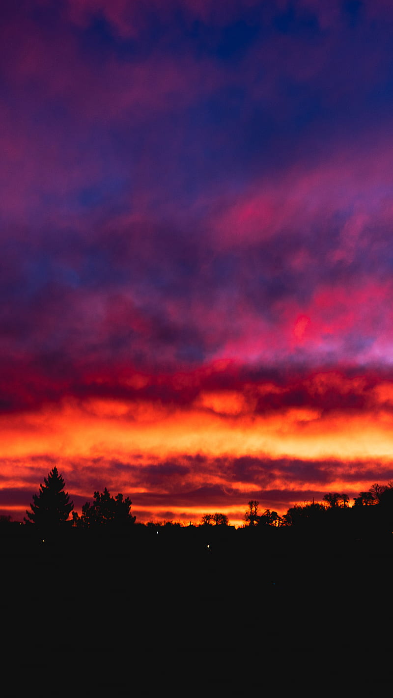 The sun, blue, city, clouds, orange, red, sky, sunrise, sunset, HD phone wallpaper