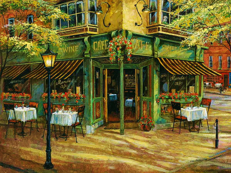 Mandi's Cafe, tables, house, restaurant, painting, chairs, artwork, HD wallpaper