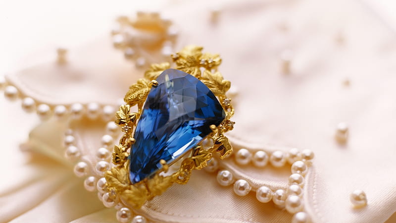 Jewelry, ring, blue, gold, pearls, sapphire, jewel, HD wallpaper
