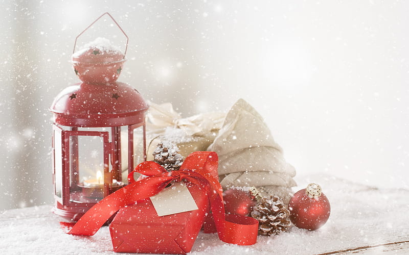red lantern, Christmas, winter, snow, New Year, decoration, winter holidays, HD wallpaper