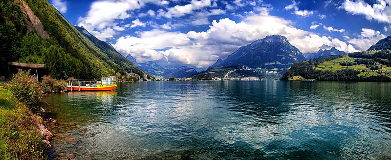 Lake Lucerne Panoramic, Switzerland, Alps, forest, grass, bonito, clouds,  lake, HD wallpaper | Peakpx