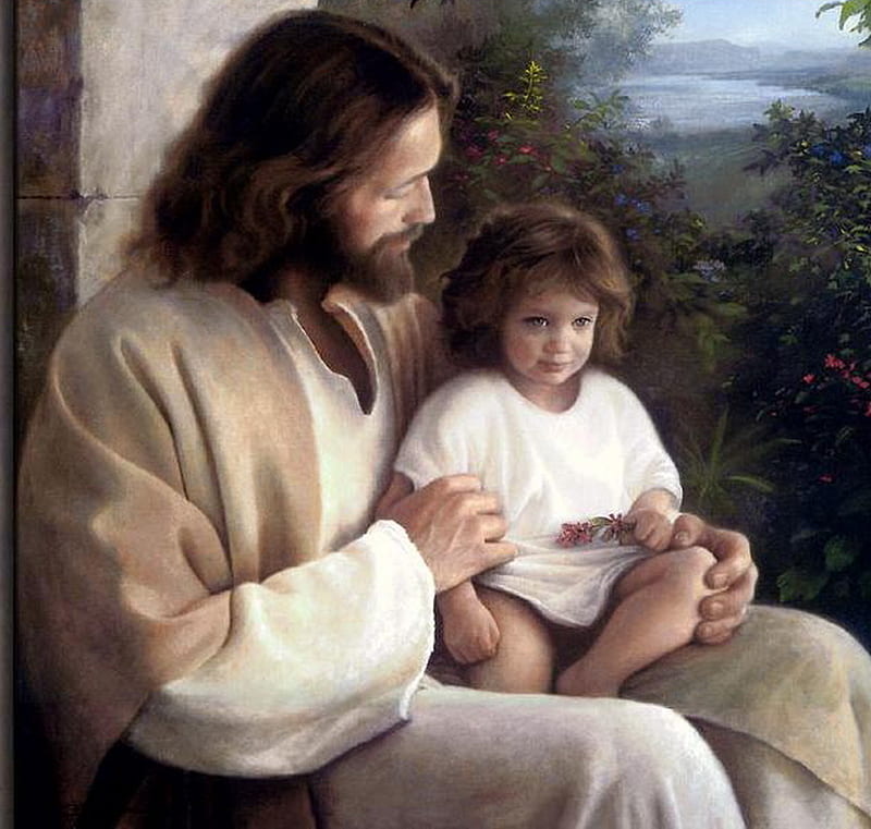 Jesus and child, heaven, jesus, fantasy, child, HD wallpaper