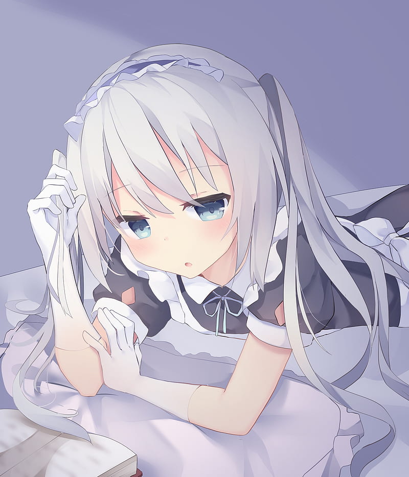 anime girl, lying down, loli, white hair, gloves, maid outfit, Anime, HD phone wallpaper