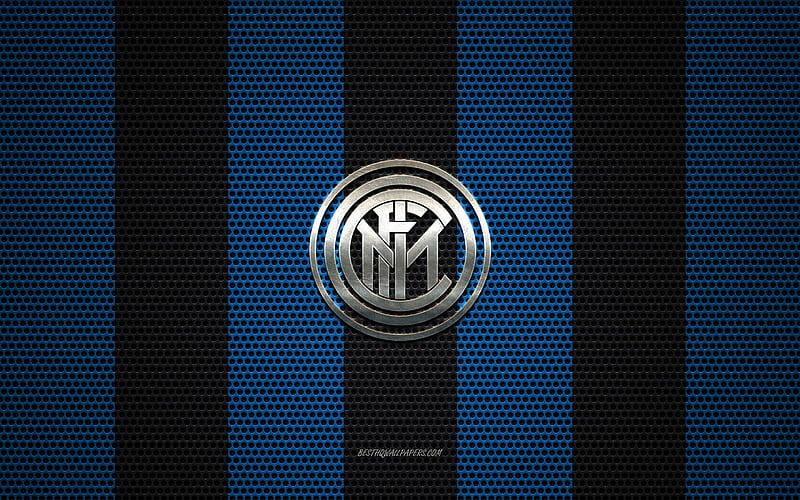 FC Internazionale logo, Italian football club, metal emblem, blue black metal mesh background, FC Internazionale, Serie A, Milan, Italy, football, Inter Milan logo, HD wallpaper