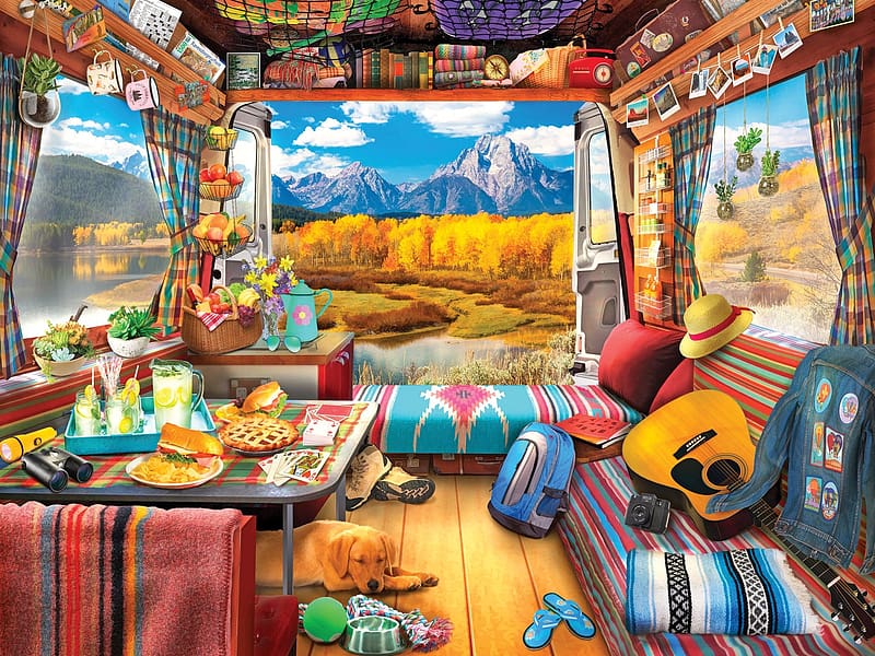 Van Life, The Grand Tetons, camper, usa, utensils, wyoming, painting, HD wallpaper