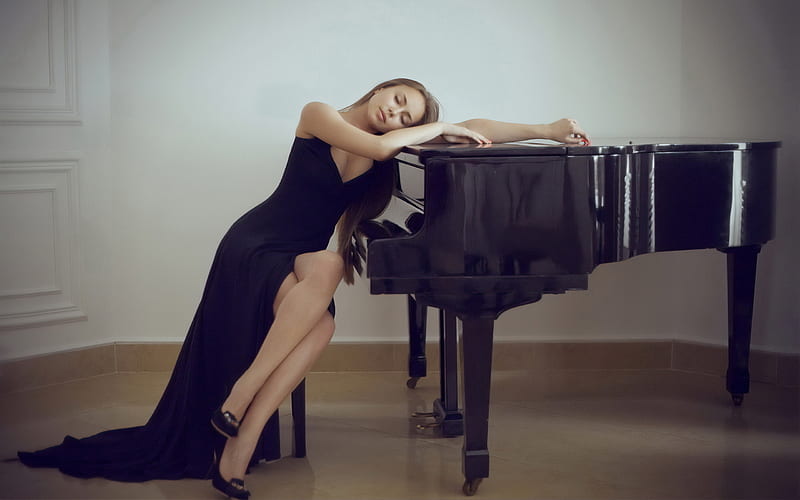 Girl In Black Dress Leaning Over Piano, girls, model, black-dress, piano, HD wallpaper