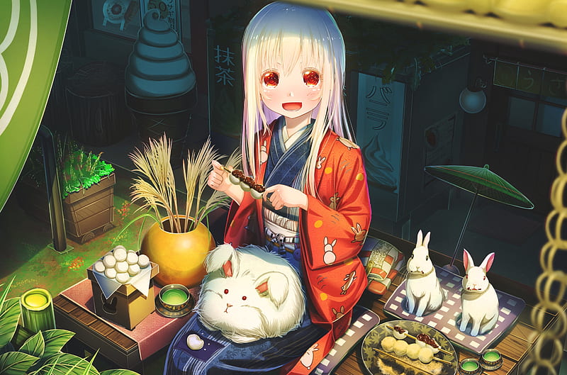 anime girl, loli, rabbits, japanese clothes, eating, white hair, cute, Anime, HD wallpaper