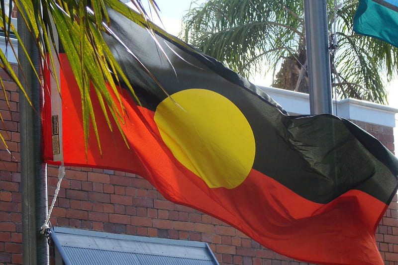 Aboriginal Flag, building, australia, palm fronds, HD wallpaper