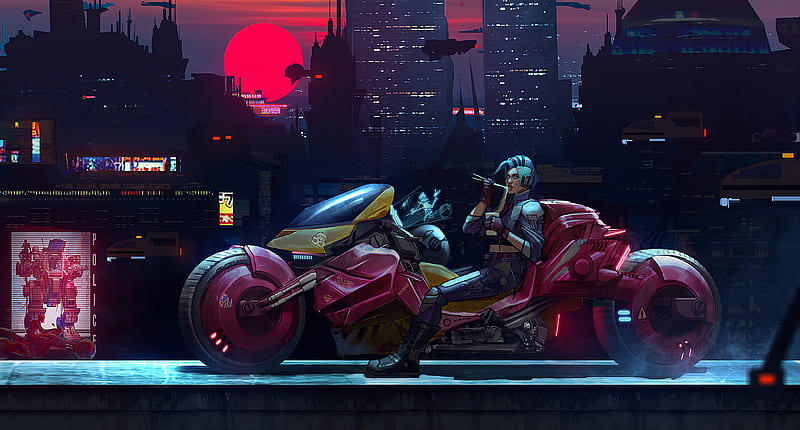 Red Cyber Punk Bike , artist, artwork, cyberpunk, artstation, HD wallpaper