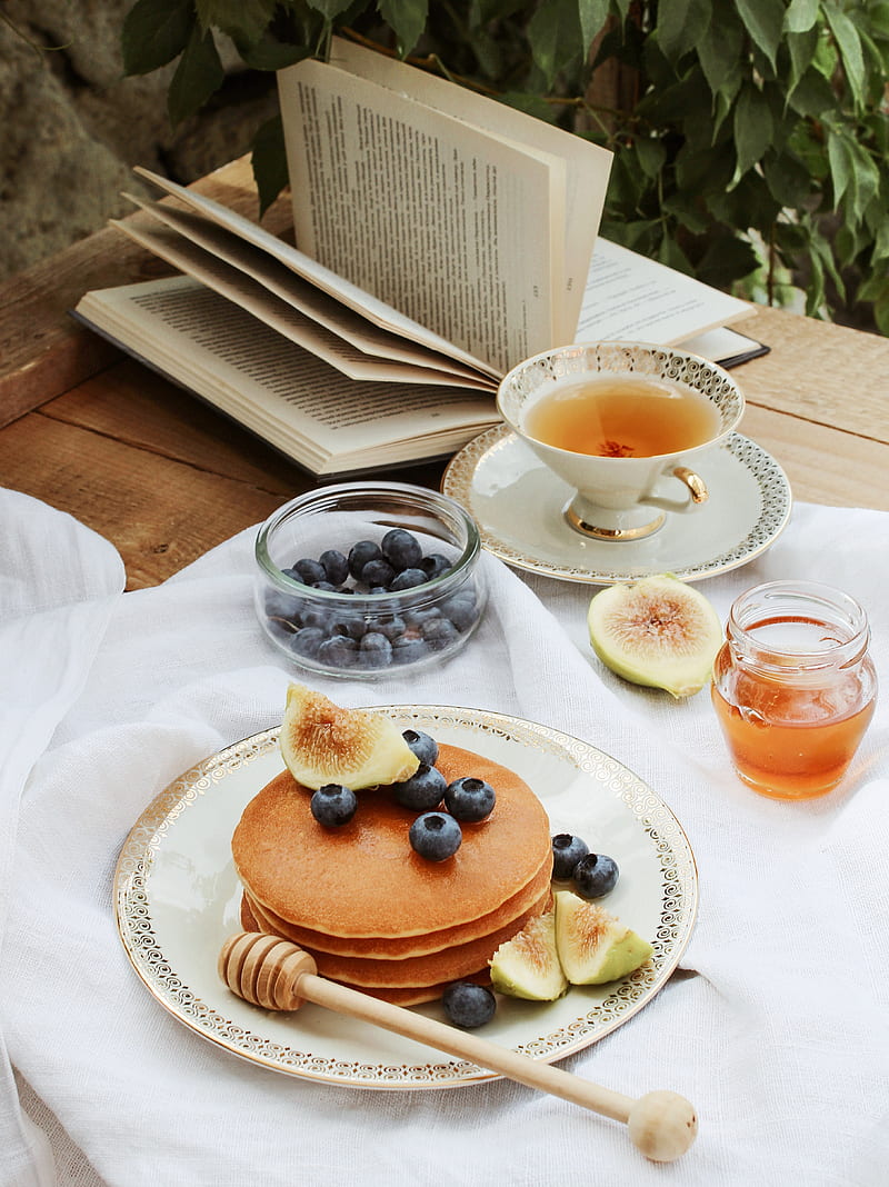 pancakes, pastries, fruits, tea, book, figs, blueberries, HD phone wallpaper