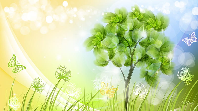 Spring Awakening, tree, bokeh, green, grass, flowers, shine, spring, butterflies, HD wallpaper