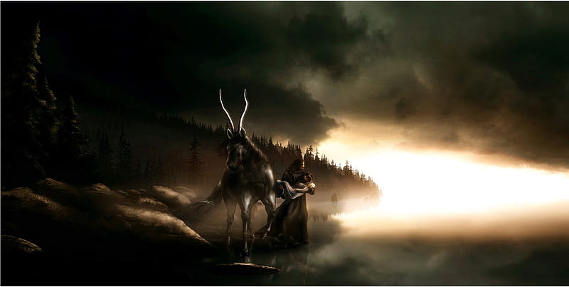 Fallen Love, forest, horned, cg, horse, clouds, fog, fantasy, dark, damsel, mythical, hill, knight, HD wallpaper