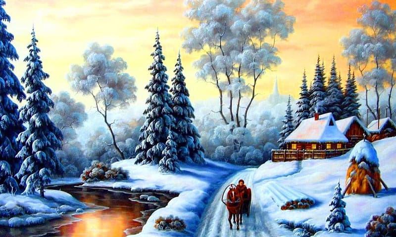 Winter cottage, evszak, fak, seta, ho, hazak, fagy, teli, falu, haziko, erdo, HD wallpaper