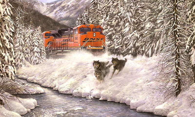 Wolves Running From Train F, lobo, art, bonito, artwork, canine, animal, winter, train, snow, painting, wide screen, wildlife, wolf, HD wallpaper