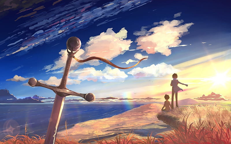 Anime scene, tomodachi, anime, sky, sword, blue, HD wallpaper | Peakpx