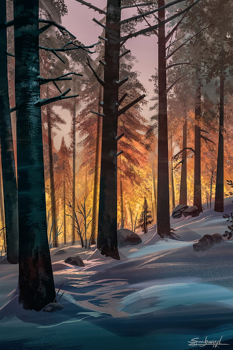 forest, trees, snow, landscape, art, HD phone wallpaper