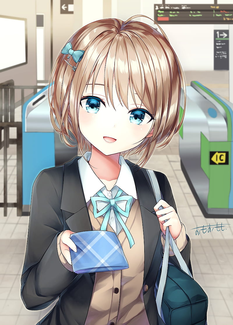 anime school girl, handkerchief, short hair, ribbon, Anime, HD phone wallpaper