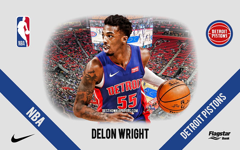 Delon Wright, Detroit Pistons, American Basketball Player, NBA, portrait, USA, basketball, Little Caesars Arena, Detroit Pistons logo, HD wallpaper