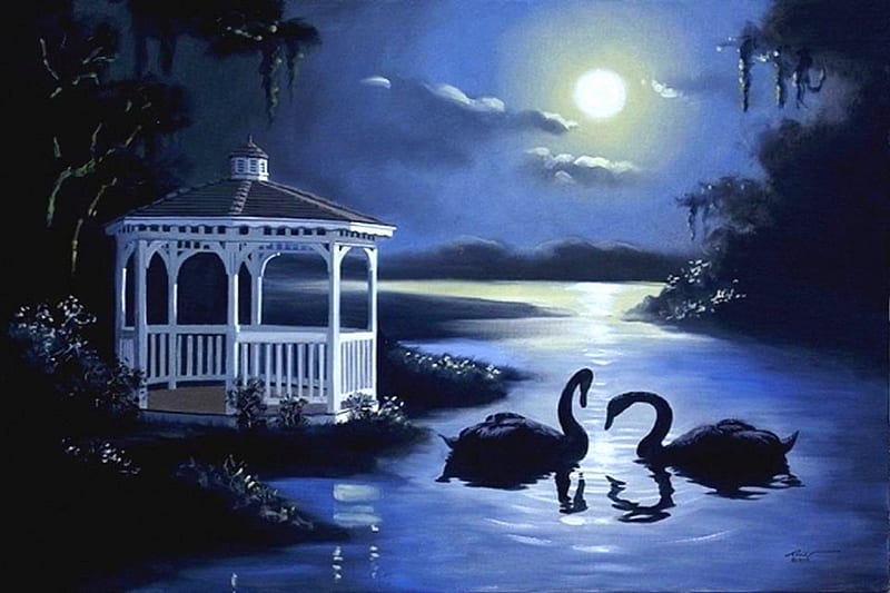 Black Swan Couple, moons, pretty, lakes, lovely, romantic, love four seasons, attractions in dreams, swans, paintings, cool, love, black swans, gazebo, couple, animals, HD wallpaper