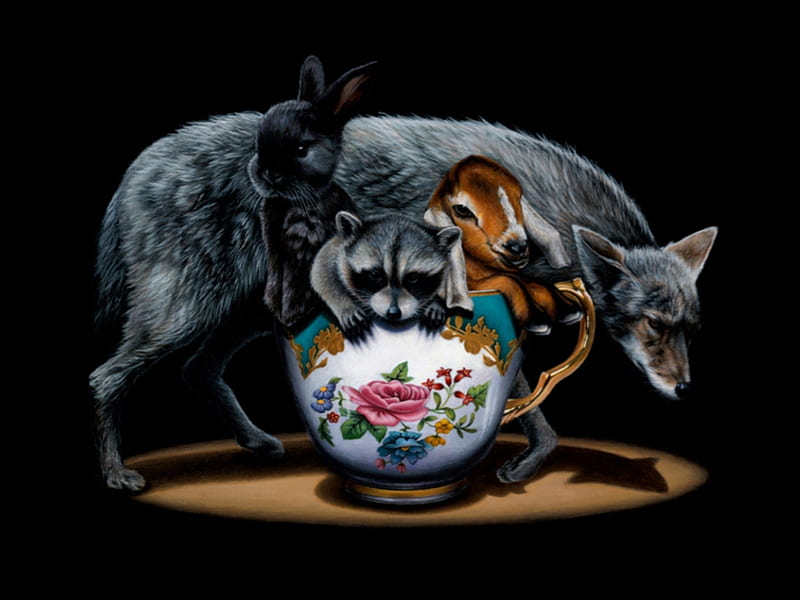 Aperitif, cup, wolf, jacub gagnon, bunny, raccoon, art, black, animal, cute, fantasy, goat, HD wallpaper