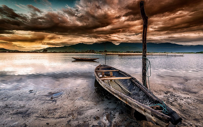 river, fishing boat, sunset, vietnam, HD wallpaper