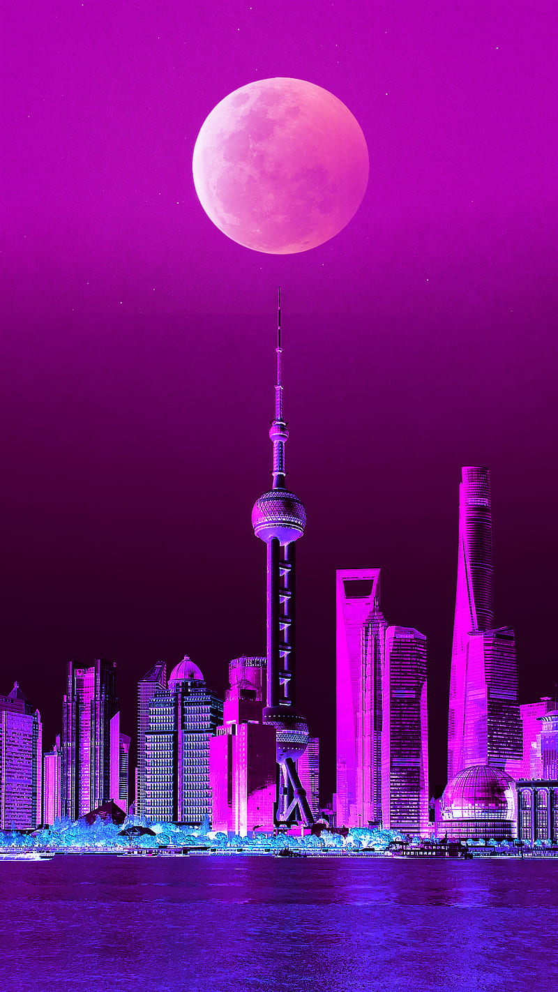 Skyscraper & Moon, Building, Fullmoon, Pink, tower, HD phone wallpaper