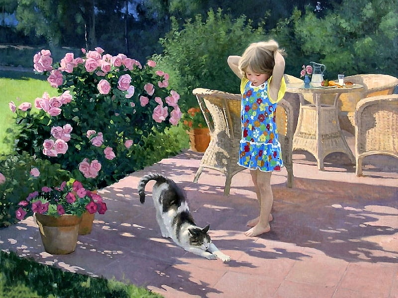 Little Girl in Morning Sun F, art, sunlight, bonito, roses, pets, illustration, artwork, feline, little girl, painting, wide screen, portrait, cats, HD wallpaper