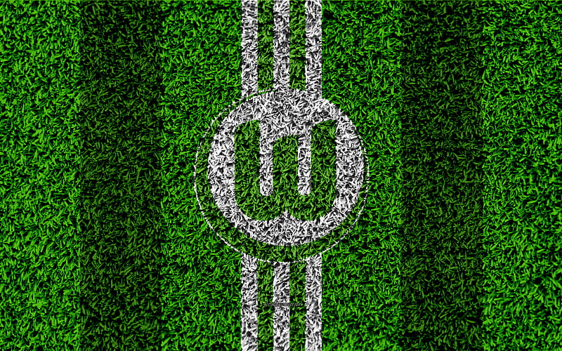 VfL Wolfsburg German football club, football lawn, logo, green white lines, emblem, grass texture, Bundesliga, Wolfsburg, Germany, football, Wolfsburg FC, HD wallpaper