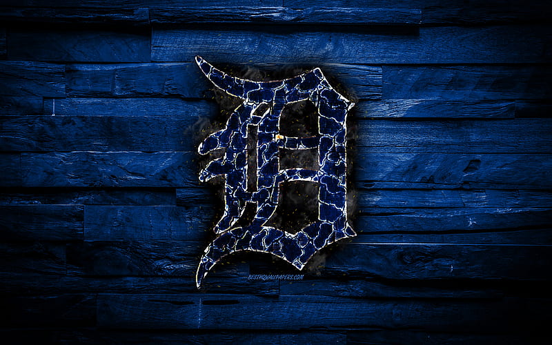 Detroit Tigers scorched logo, MLB, blue wooden background, american baseball team, Tigers, grunge, baseball, Detroit Tigers logo, fire texture, USA, HD wallpaper
