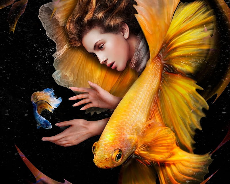Underneath, fantasy, fish, orange, girl, black, yellow, adrian alfonso, underwater, pesti, hand, HD wallpaper